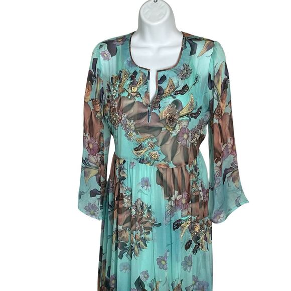 Leaves Of Grass Maxi Dress Sz 38 Medium 100% Silk Hand Embroidered Lined $495 - Picture 4 of 16